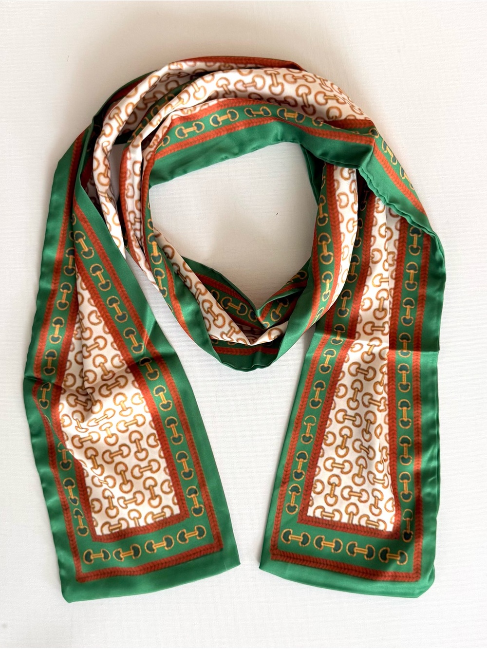 Green & Cream Horsebit Print Silk Feel Like Scarf Brand New